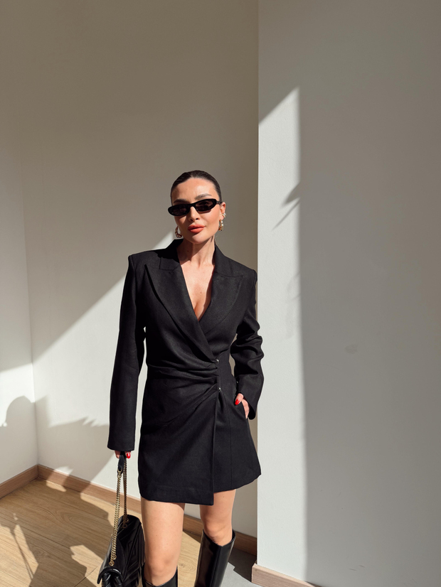Blazer Model Vatkalı Elbise Siyah