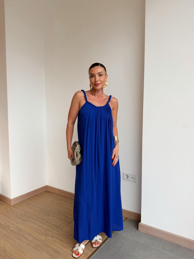 Boncuk Askılı Elbise Saks Mavi