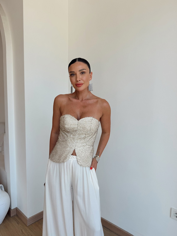 Boncuk İşlemeli Korse Bluz Bej