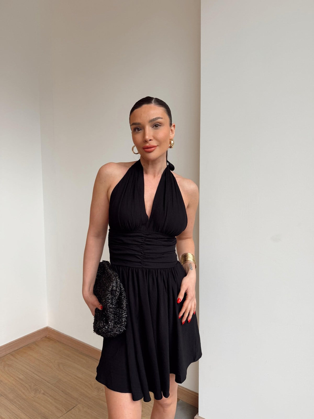 Boyundan Bağlamalı Mini Elbise Siyah