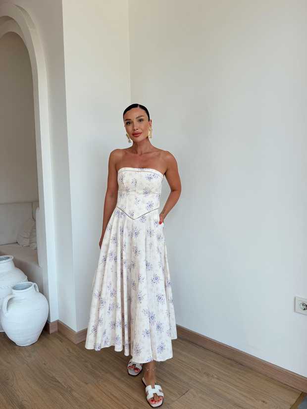 Çiçek Desenli Straplez Midi Elbise