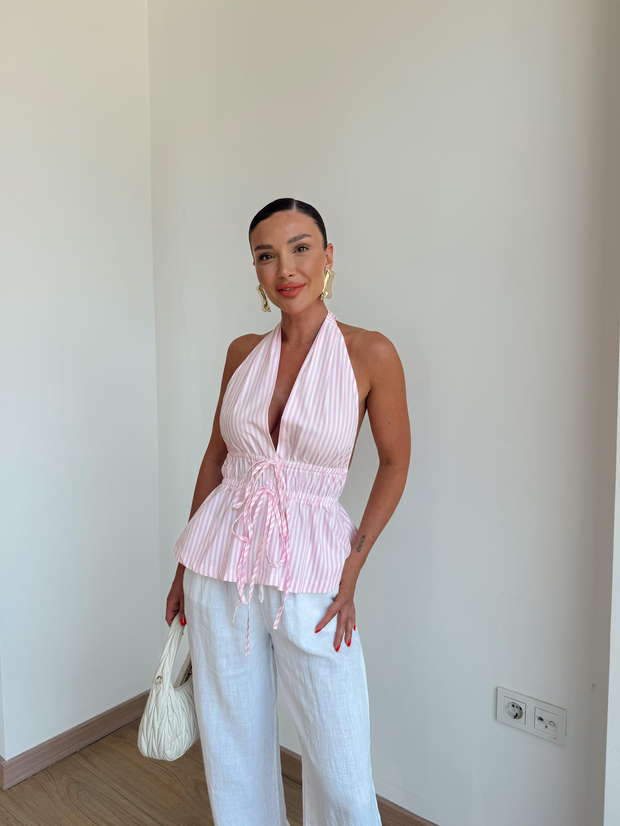 Çizgili Bağlamalı Bluz Pembe
