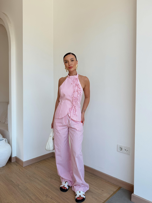 Çizgili Bluz Pantolon Takım Pembe 