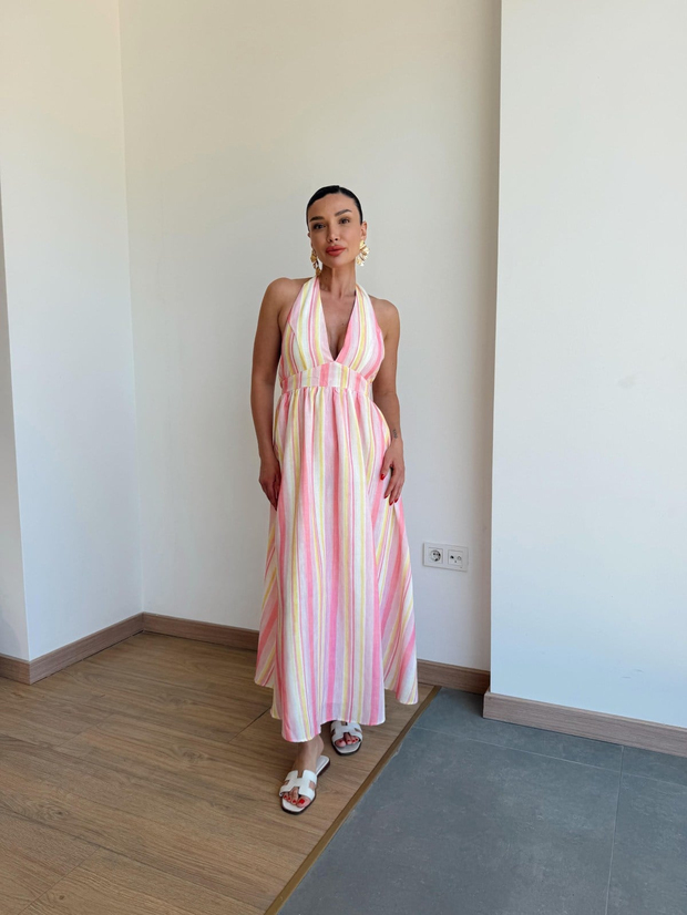 Çizgili Uzun V Yaka Bağlamalı Elbise Pembe