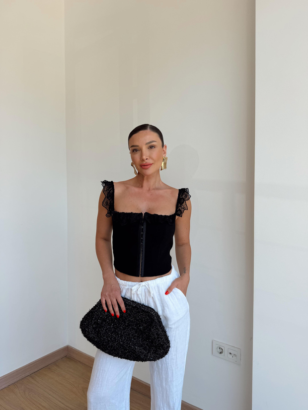 Dantel Detaylı Kancalı Korse Bluz Siyah