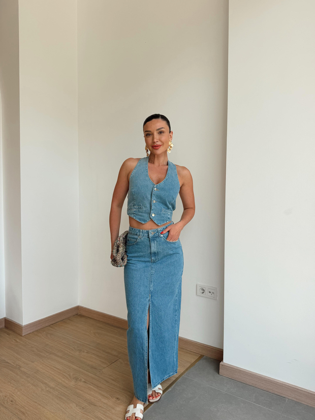Denim Bluz Etekli Takım