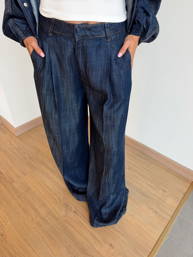 Denim Bol Paça Pens Geçişli Jean Lacivert