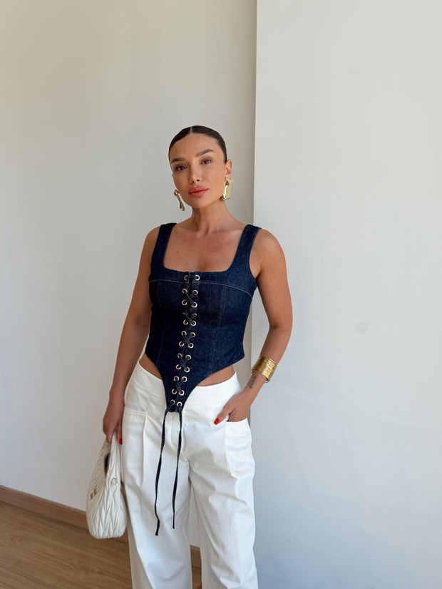 Denim Kuş Gözü Korse Bluz 