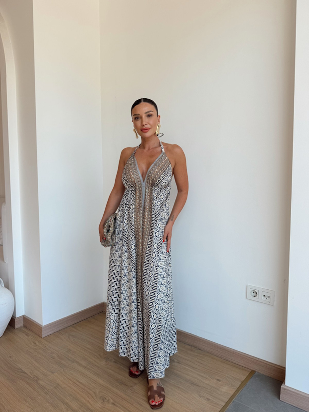 Desenli Belden Büzmeli Elbise