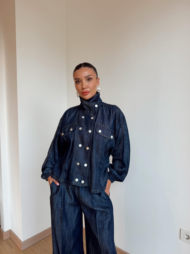 Dik Yaka Çıtçıt Düğmeli Denim Ceket Lacivert