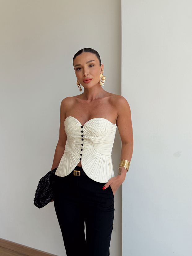 Drapeli Göğüs Kuplu Korse Bej
