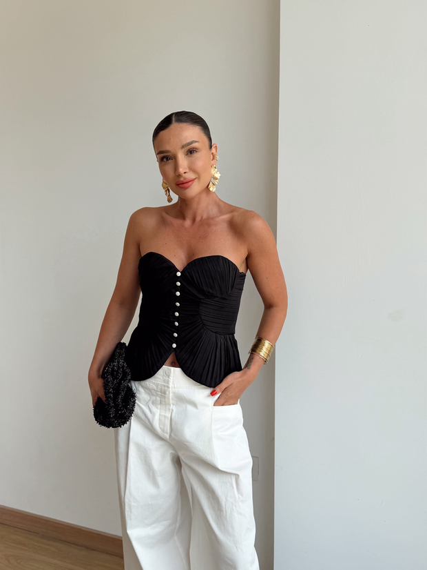 Drapeli Göğüs Kuplu Korse Siyah