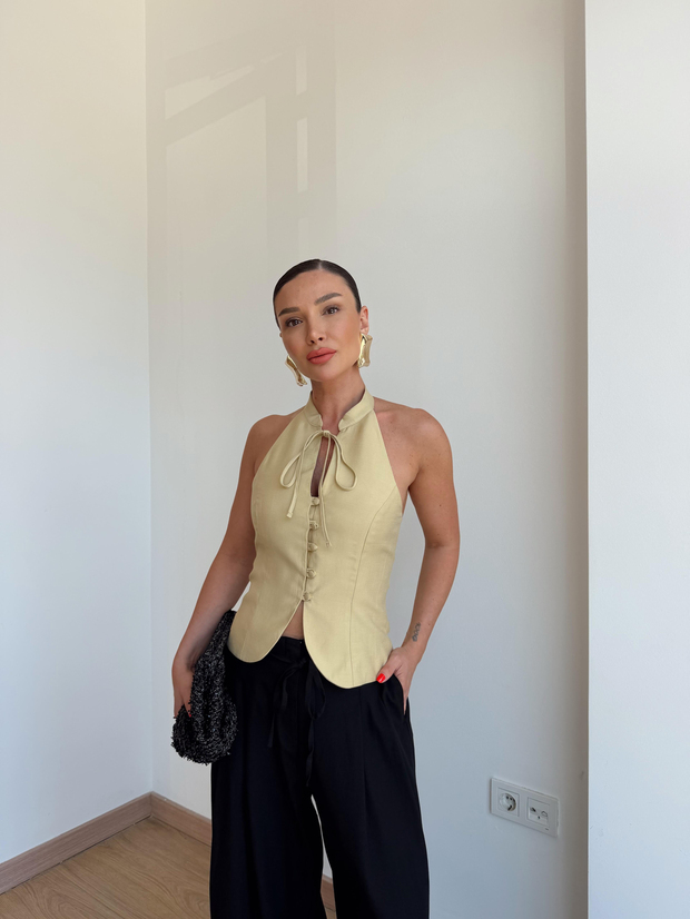 Düğmeli Bağlamalı Bluz Camel 