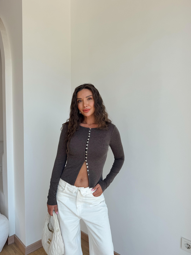 Düğmeli Basic Bluz Kahve 