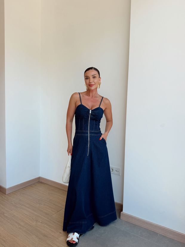 Fermuarlı Denim Uzun Elbise