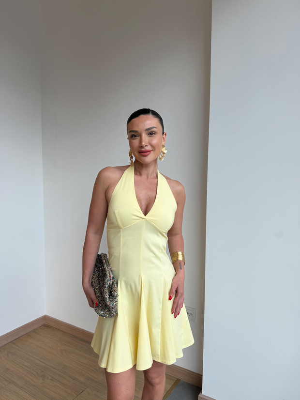Halter Yaka Mini Elbise Açık Sarı
