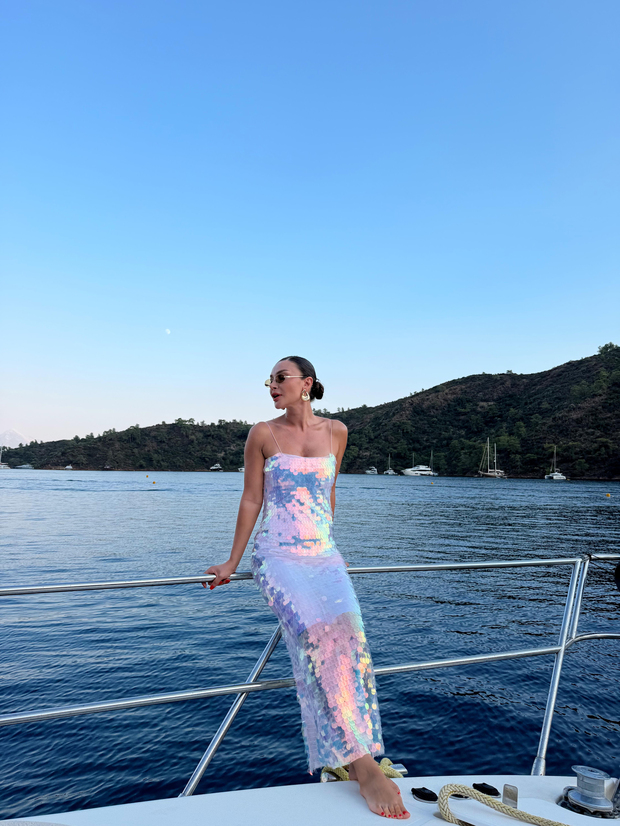 İp Askılı Payetli Uzun Elbise Pembe