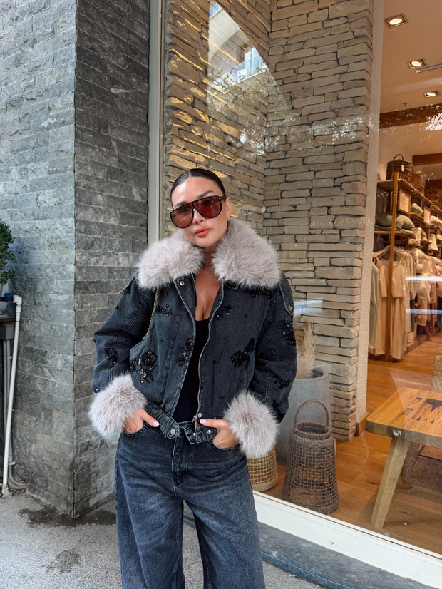 İşlemeli Kürklü Denim Ceket Antrasit