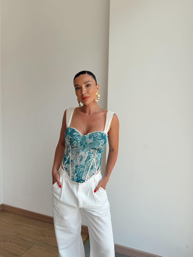 İthal Desenli Korse Bluz Mavi