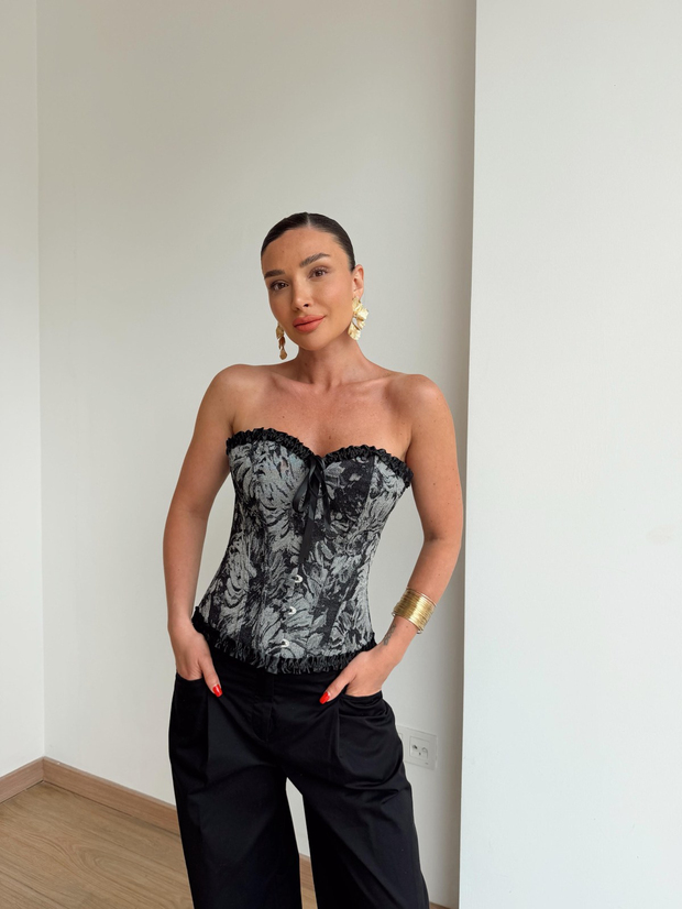 İthal Straplez Korse Bluz Gri