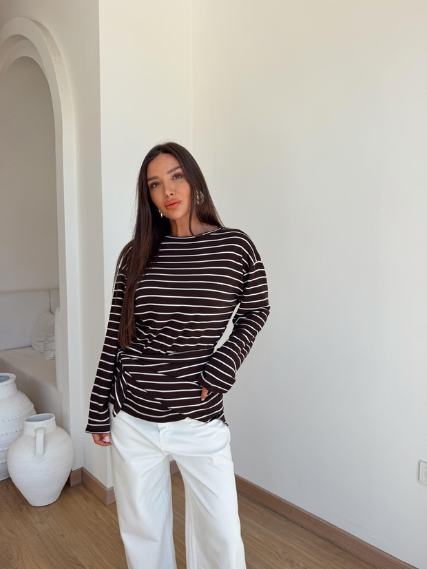 Kahverengi Çizgili Fularlı Bluz