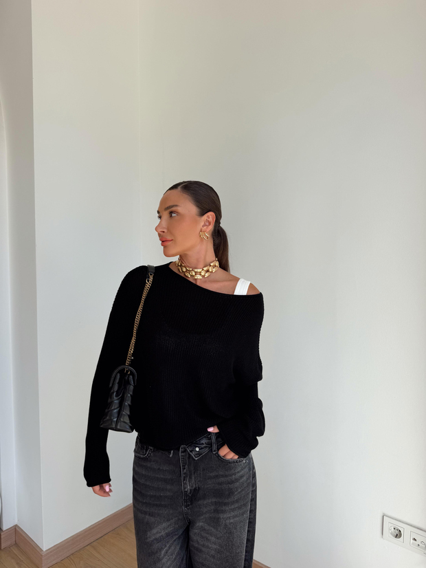 Kayık Yaka Basic Triko Siyah