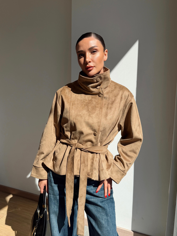 Kemerli Süet Ceket Camel