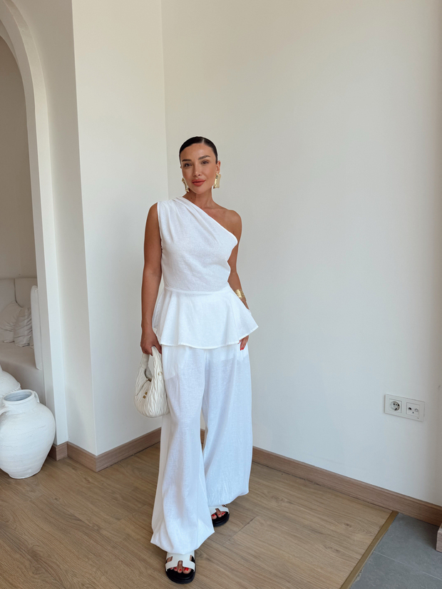 Keten Belden Oturmalı Şalvar Model Takım Ekru