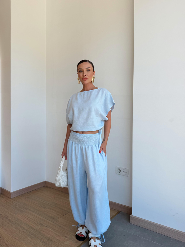 Keten Büzmeli Bluz Pantolon Takım Mavi