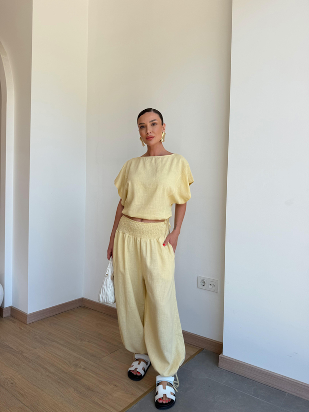 Keten Büzmeli Bluz Pantolon Takım Sarı