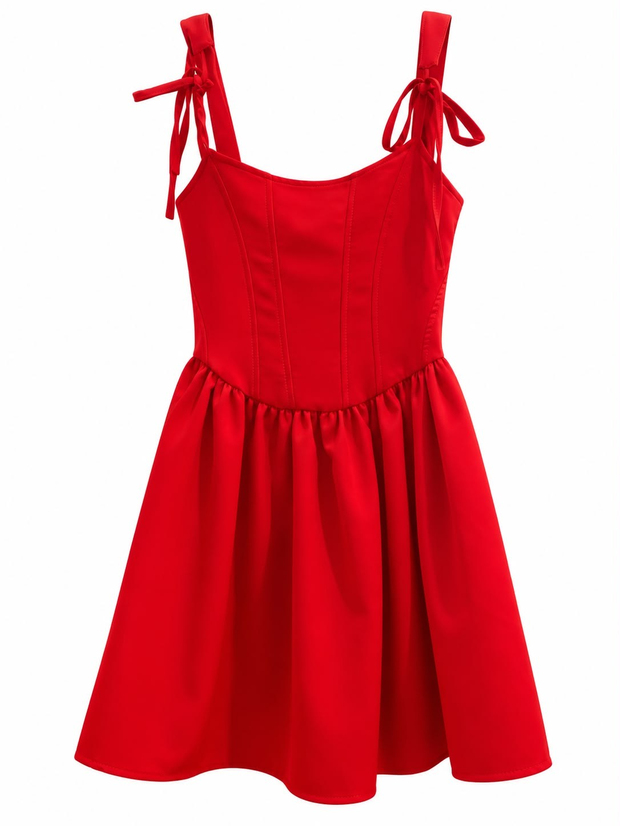 Kırmızı Kolları Bağlamalı Mini Elbise