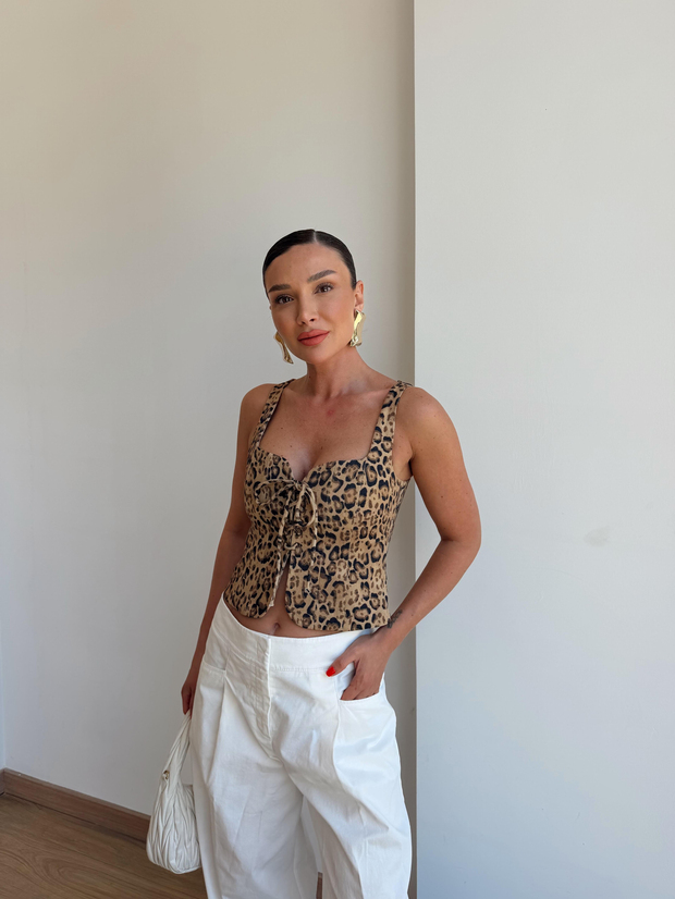 Leopar Büzmeli Denim Bluz