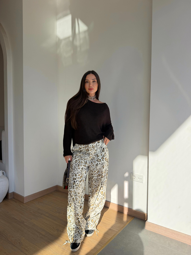 Leopar Desen Büzmeli Pantolon