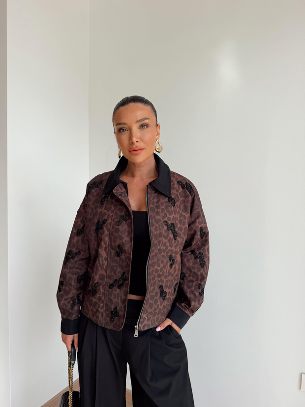 Leopar Desenli İşlemeli Ceket