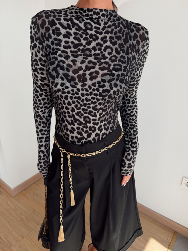 Leopar Dik Yaka Bluz Gri 