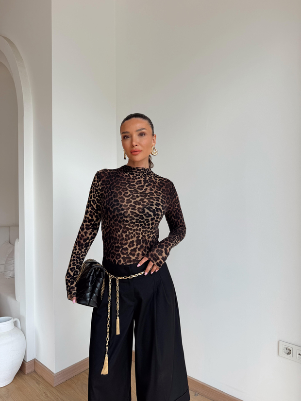 Leopar Dik Yaka Bluz Kahverengi