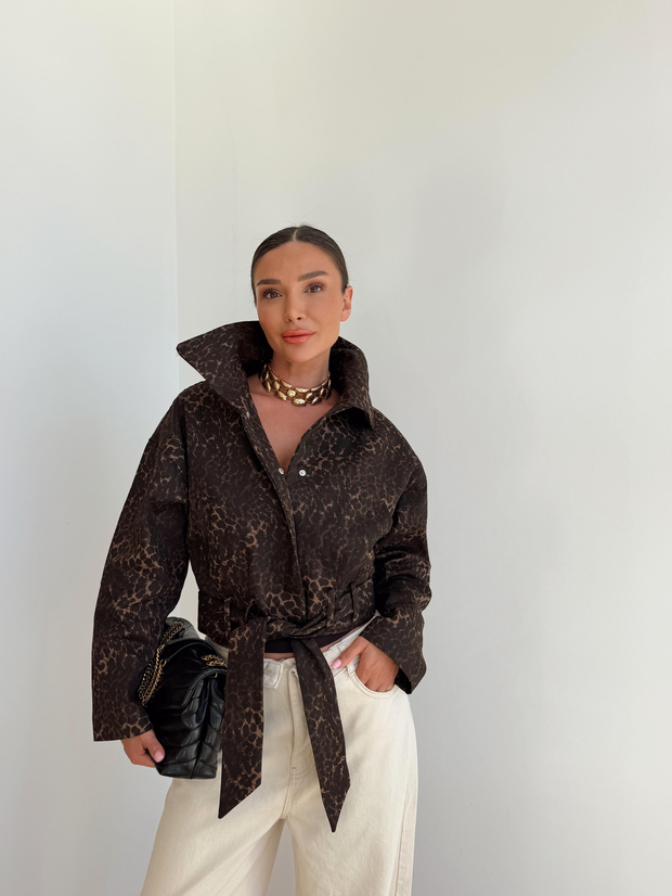 Leopar Kuşaklı Çıtçıt Düğmeli Denim Ceket