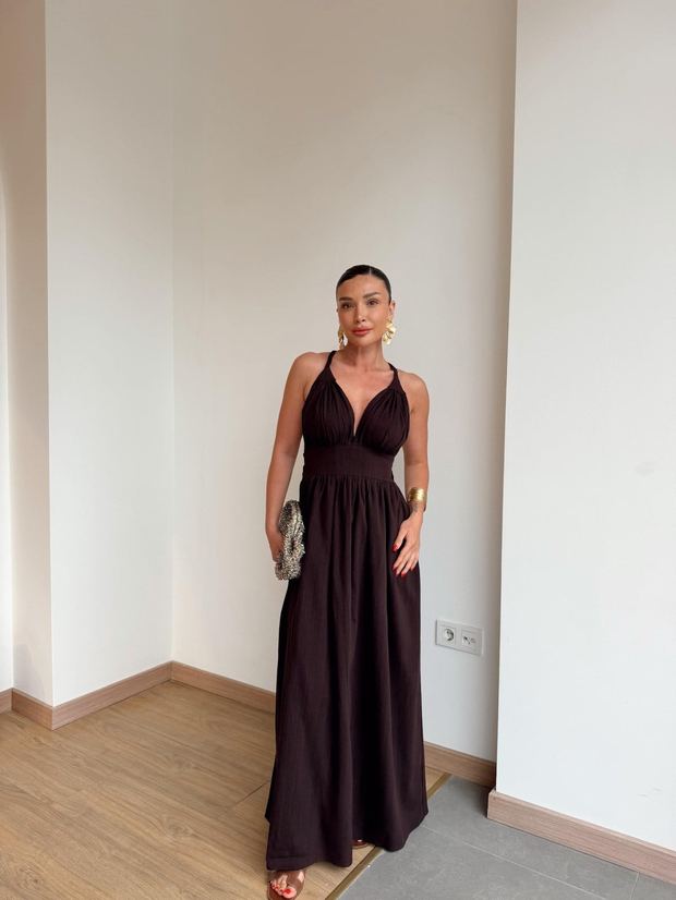 Örgü Askılı Uzun Sırt Dekolte Elbise Kahve
