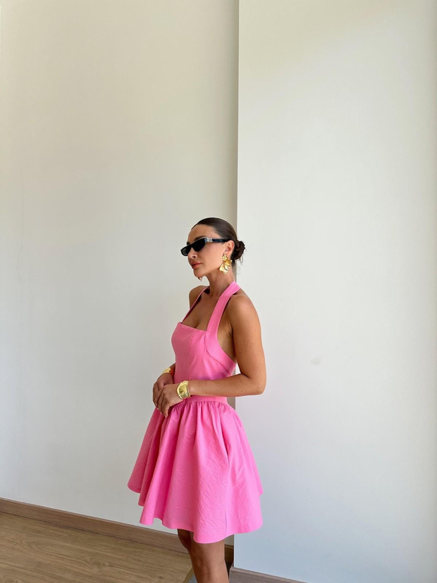 Pembe Sırt Dekolteli Mini Elbise