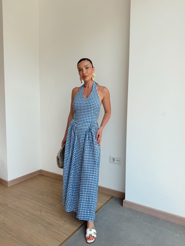 Pötikareli Halter Yaka Elbise Mavi