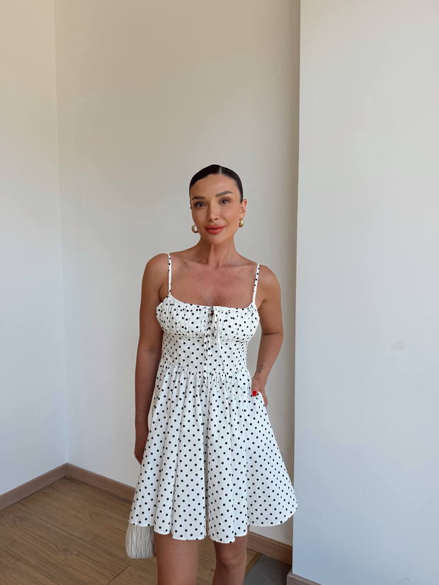 Puantiyeli Mini Elbise Beyaz