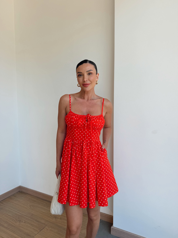 Puantiyeli Mini Elbise Kırmızı