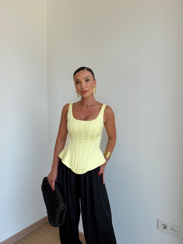 Saten Fermuarlı Korse Bluz Sarı