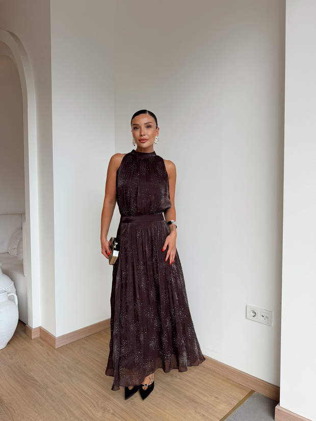 Saten Taş Baskılı Bluz Etek Takım Kahverengi