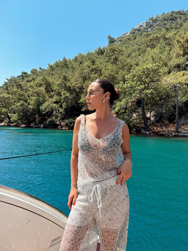 Sim Geçişli Transparan Bluz Pantolon Takım Gri