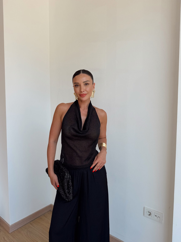 Siyah Çelik Örme Degaje Sırt Dekolteli Bluz