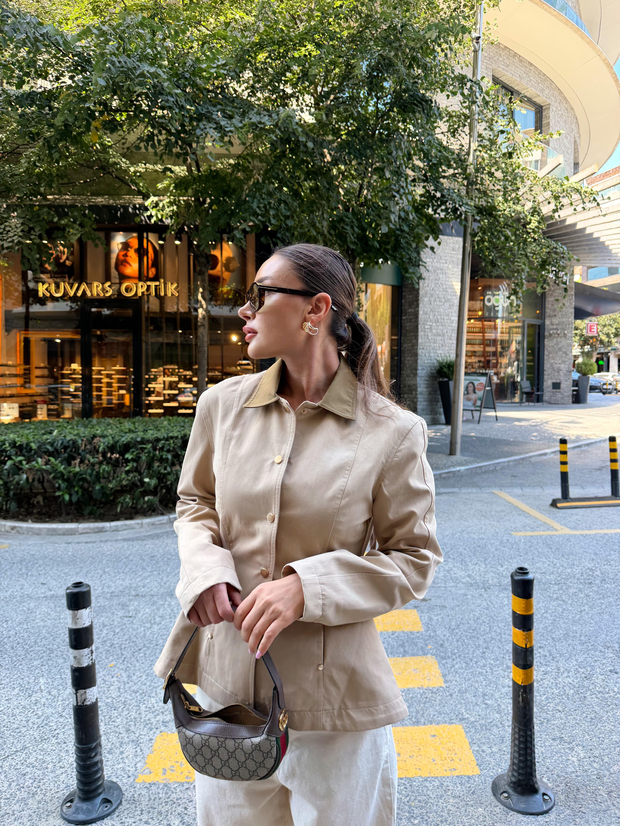 Slim Fit Çıtçıt Düğmeli Ceket Camel