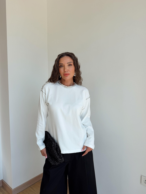 Taş Çakımlı Basic Bluz Ekru
