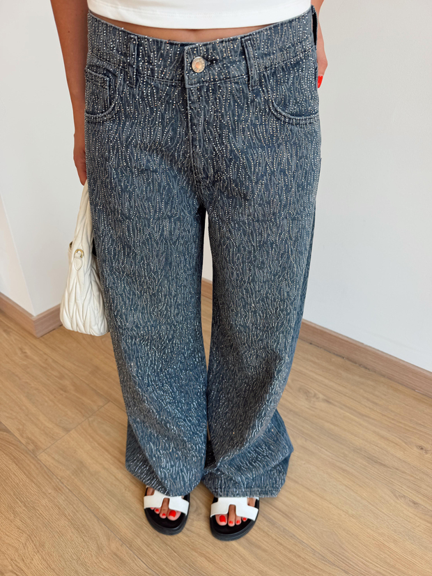 Taşlı Geniş Paça Desenli Mavi Jean