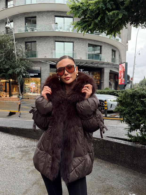 Yaka Kürk Kol Detay Şişme Mont Acı Kahve